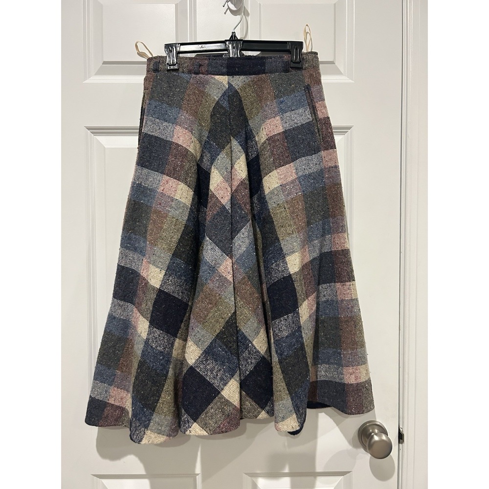 Vintage 70s Mondi Plaid Tweed Wool Midi Circle Skirt Pockets Mod Dark Academia M